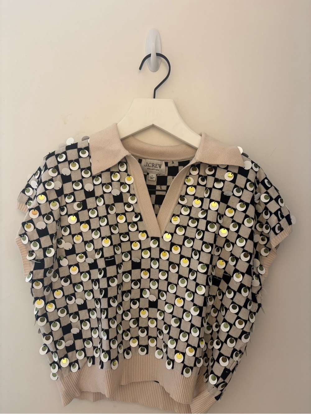 J. Crew Black, White & Beige Sequin Checker Polo Vest - Picture 2 of 3